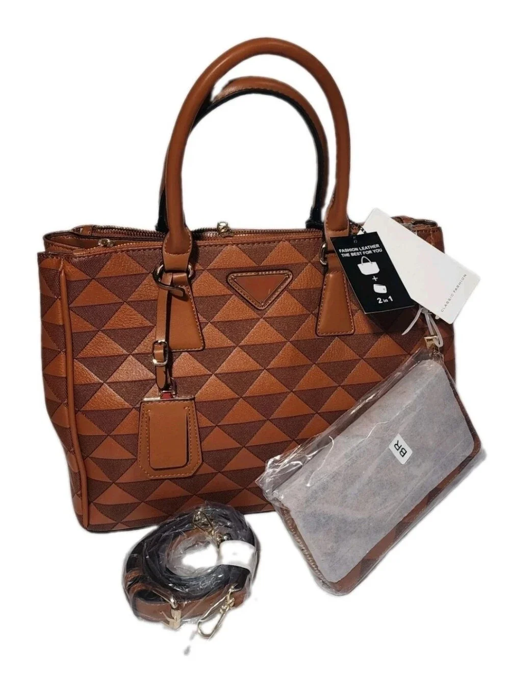 NWT Large Handbag Purse 2 In 1 Wallet Travel Bag Fashion Leather Vegan Gold Trim